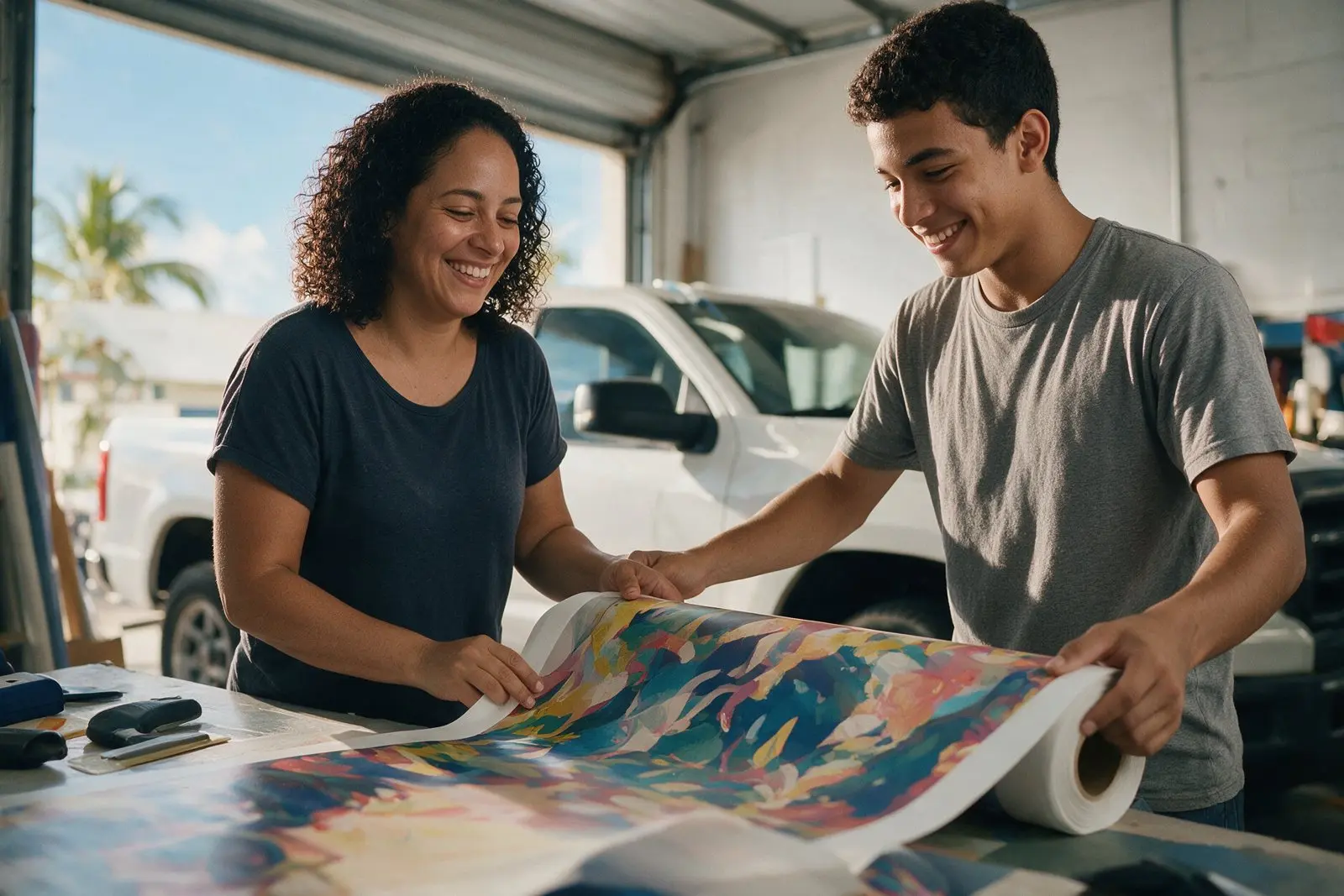 Una rotulista y su asistente despliegan una impresión a color en su taller, con una pick-up al fondo